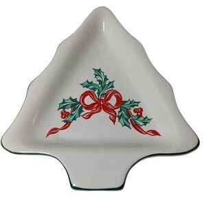 International China Christmas Tree Dish Candy Nut Holly‎ Ribbon Stoneware